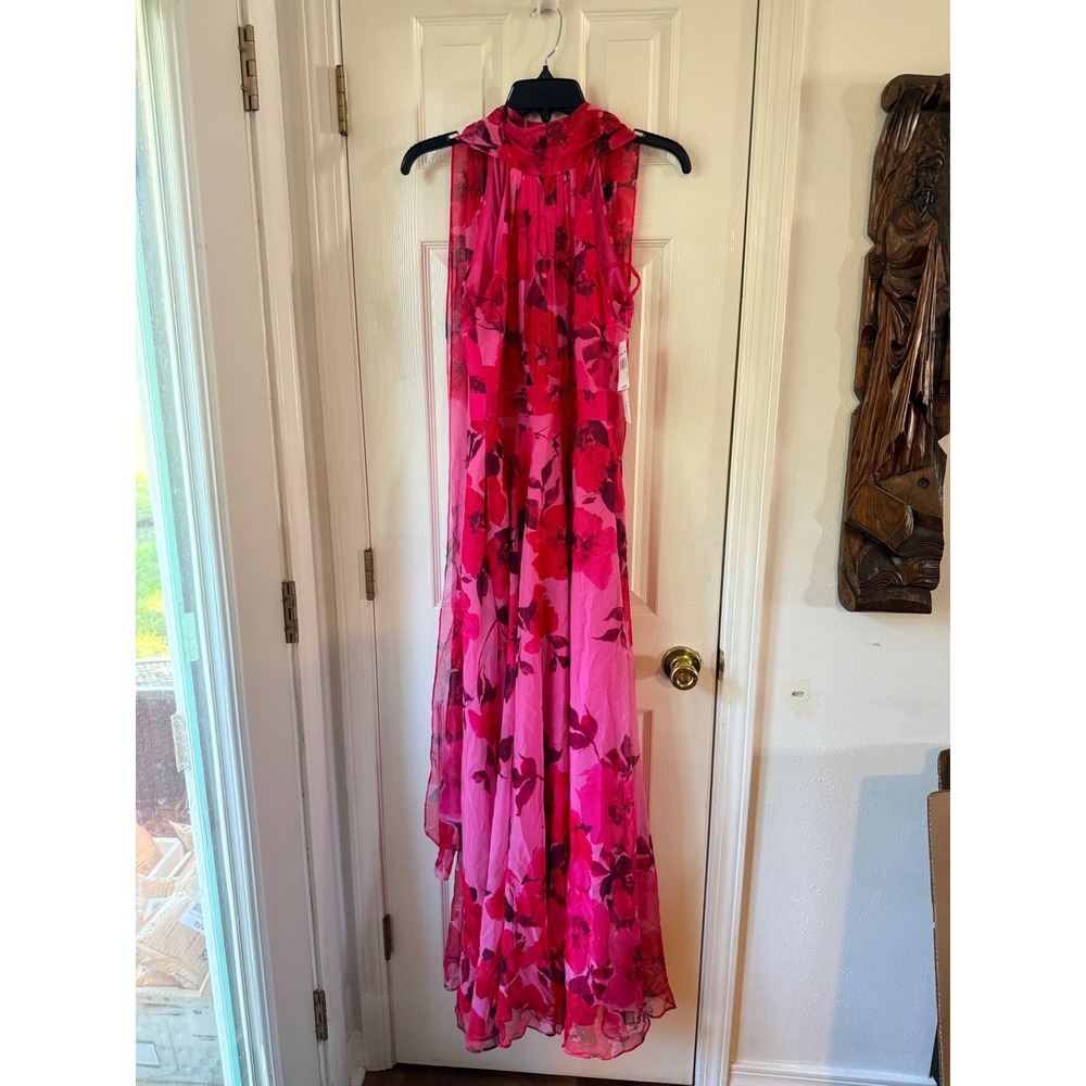 AQUA Floral Halter Neck Maxi Dress Pink Red Sleeveless Front Slit Size 2 NEW
